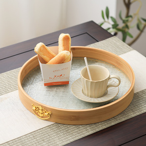 Bamboo <b>Tea</b> <b>Tray</b> With Tempered Glass Base Round Serving <b>Tray</b> For <b>Tea</b> Coffee Food Home Hotel Use - Product Image 1