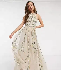 Custom women sexy fashion backless maxi dress embroidered floral maxi dress sequin mesh beige maxi dress