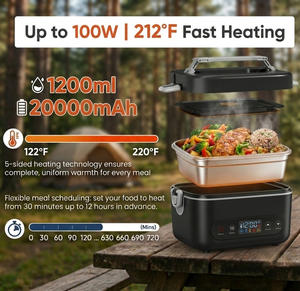 Boîte à Déjeuner Électrique <span class=keywords><strong>Chauffante</strong></span> Autonome sans Fil, 100W, Longue Autonomie 20000mAh, Fonction Maintien au Chaud et Minuteur, Rechargeable - Product Image 3
