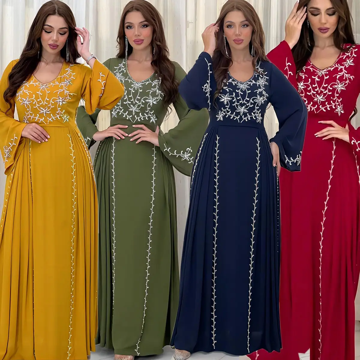 فستان تطريز دبي متواضع أنيق بأكمام واسعة عباية طويلة بجلابية عيدية رداء نسائي SY0183