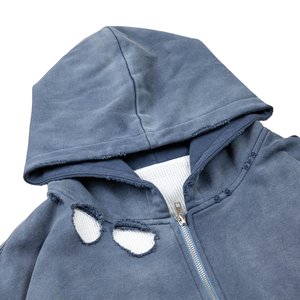 Felpe con Cappuccio da Uomo di Alta Qualità del Produttore, Grigio Ardesia Sbiadito dal Sole, con Dettagli Strappati e Borchie, in Cotone Pesante, Stile Slouchy e Boxy, di Tendenza - Product Image 2