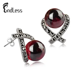 Natural Stone Red Garnet Onyx Pearl Silver 925 Fashion Jewelry Stud Earrings