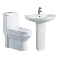 Ensemble de Sanitaires Comprenant un WC Monobloc et un Lavabo sur Colonne en Céramique Blanche