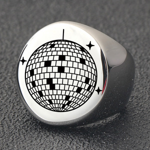 Men's Stainless Steel Round Globe <b>Ring</b> 22MM Laser Engraved Geometric Design Party Jewelry Gold Color - Product Image 4