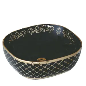 bathroom ceramic hand wash black and gold color table top wash basin designs