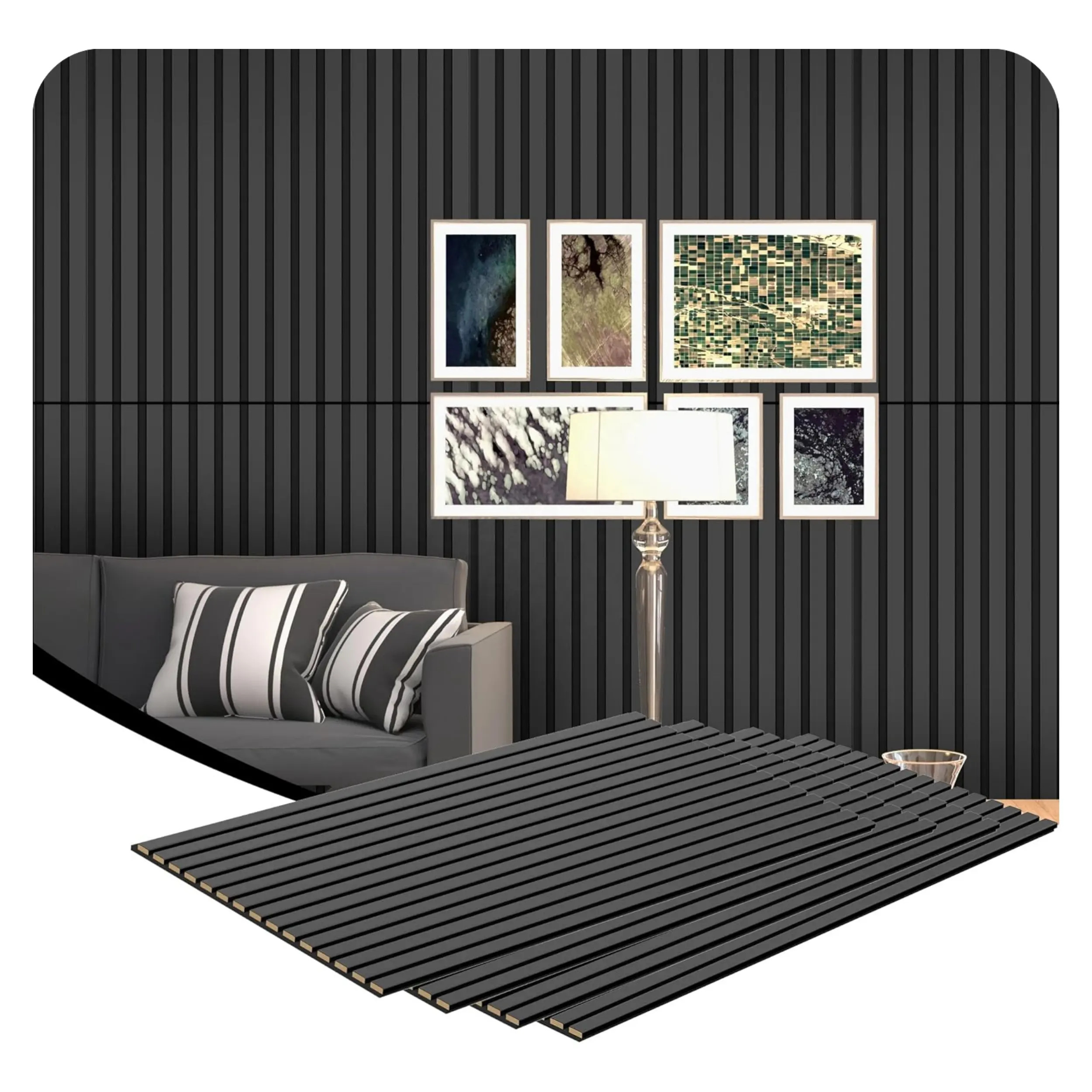 PET keçe 3 taraflı siyah PVC yüzey ahşap ızgara tabanı Akupanel akustik Panel ahşap akustik emme paneli ev sineması duvarları için