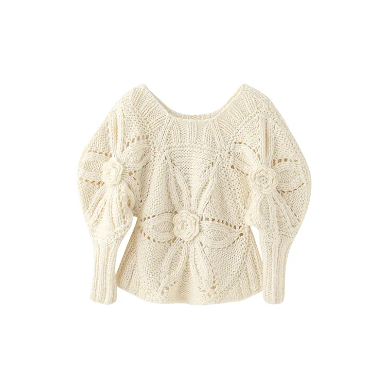 Crochet Chunky Knit Sweater, Floral Hook Crew neck Hubble Knit Top , Winter Cropped Top