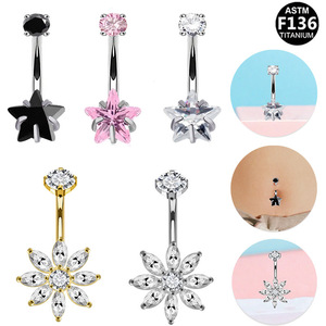 Anneau de nombril en titane en forme d'étoile avec incrustation de zircon, en alliage de titane F136, bijou de corps pour femme, piercing, cadeau, accessoire de mode - Product Image 1