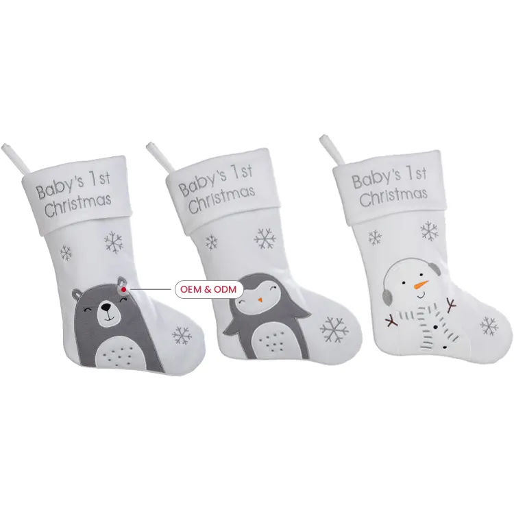 New Arrival Baby Kids Memorial Gift Cute Penguin Pattern Cartoon Christmas Stocking with Embroidered Snowflakes