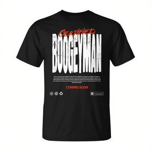 T-shirt promozionale da uomo nera girocollo a maniche corte con stampa serigrafica certificata Boogeyman, in arrivo - Product Image 3
