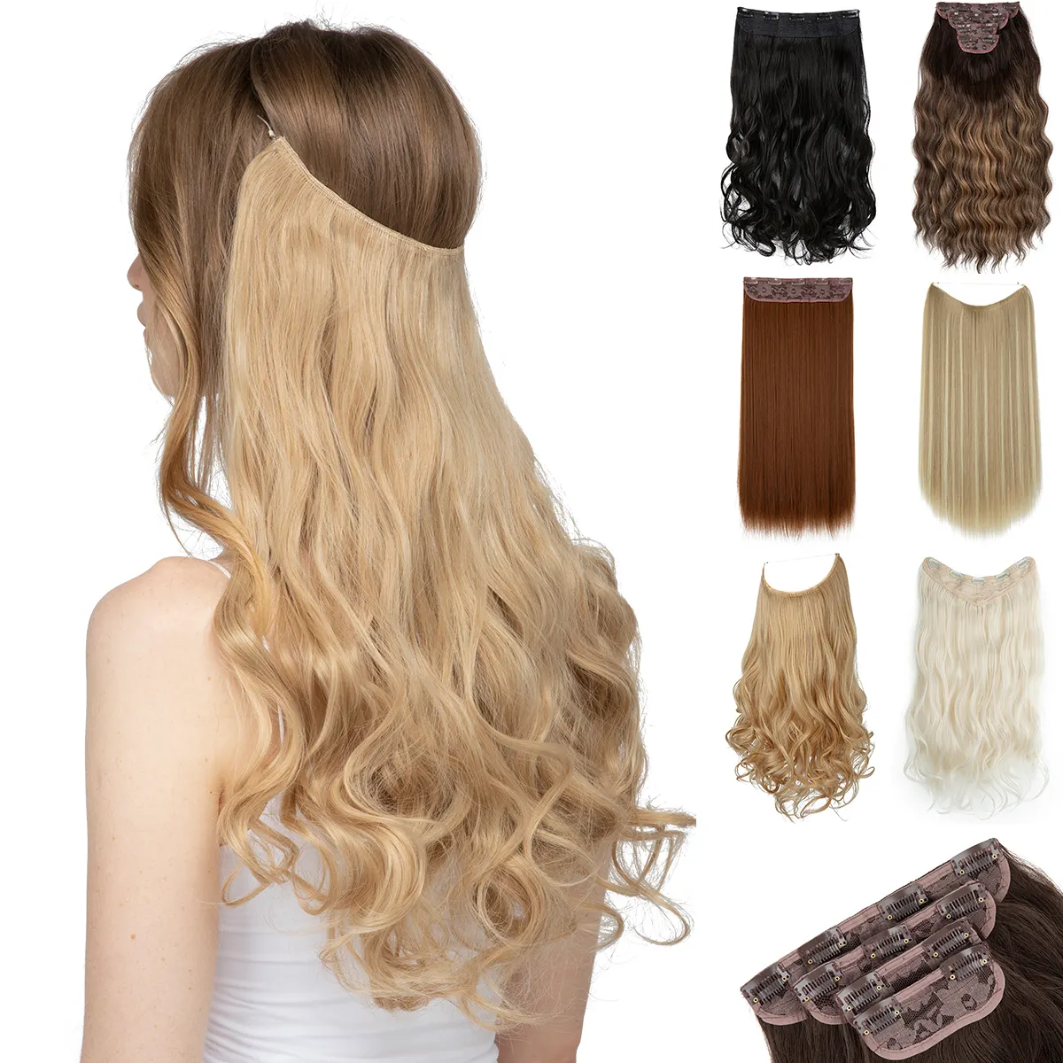 ODM OEM Hetero Ondulado Encaracolado Invisible Halo Fibra Cabelo Seamless Clip Em Extensão Longo Sintético Hairpieces U Parte Perucas Para As Mulheres