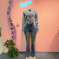 Setelan Denim lengan panjang wanita, jaket kurus trendi dua potong, Set pakaian jalanan