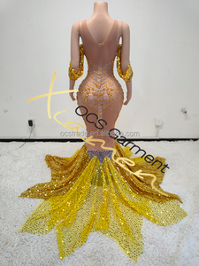 Vestido de Dama de Honor de Lujo MF con Lentejuelas de Satén, Pedrería Brillante, Dorado con Cuentas de Diamantes, Elegante Vestido de Gala con Cola Larga para Bodas - Product Image 6