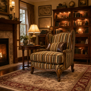 <span class=keywords><strong>Fauteuil</strong></span> à dossier haut rayé de style provincial français avec pieds cabriolés sculptés, pieds en spirale <span class=keywords><strong>et</strong></span> garniture en cuir, coussin lombaire inclus - Product Image 1