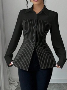 T26551 Camisa Casual Feminina de Manga Longa Listrada Slim-fit para Outono, Blusa de Tecido Stretch de Alta Qualidade para Mulheres - Product Image 4