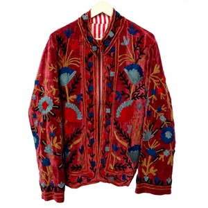 Multi Floral Embroidery Pattern <b>Velvet</b> <b>Jacket</b> Mandarin Collar Regular Sleeve Short Length Unisex Eco-Friendly Breathable - Product Image 1