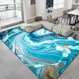 防滑柔软耐用厚地毯蓝绿色简约抽象水彩油画大面积地毯家居装饰/