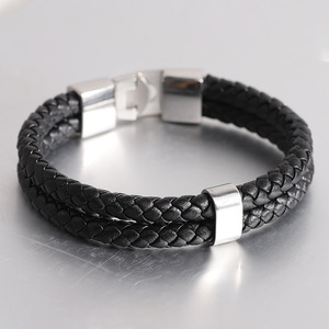 Pulsera unisex de cuero negro de doble capa con cierre de gancho de acero inoxidable para regalo - Product Image 4