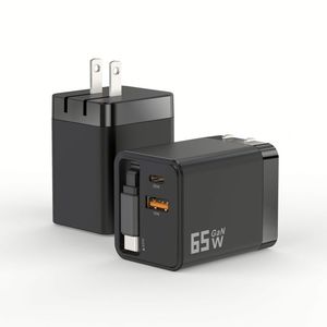Chargeur rapide Type C PD 65W avec câble rétractable USB C à charge rapide, adaptateur de chargeur mural GAN 65W PD pour téléphone portable et ordinateur portable - Product Image 1