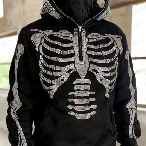 Rhinestone Skeleton Half Zip Oversized Sweatshirts Goth Zip Up Hoodies Grunge Hooded Jacket Streetwear polyester
