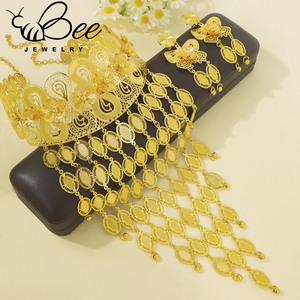 Juego de joyería nupcial africana de aleación chapada en oro de 21k con collar de borlas largas y aretes para mujeres indias, en oferta. - Product Image 2