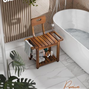 Chaise de douche en bois avec dossier, antidérapante, avec étagère de rangement, tabouret de bain pour salle de bain - Product Image 1
