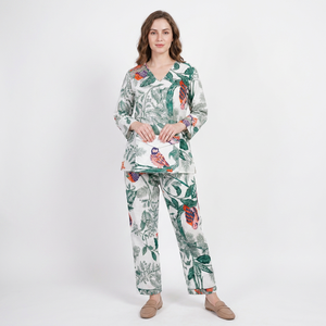 Women's OWL Print Sleepwear PJ Set 100% Cotton Best Quality Floral Night Dress Long Sleeves Breathable Elastic Waist for Summer - Product Image 1