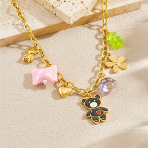 Cartoon Multi Element Gold Plated <b>Bear</b> <b>Flower</b> Heart Pendant Metal Chain Necklace Gift Jewelry - Product Image 2