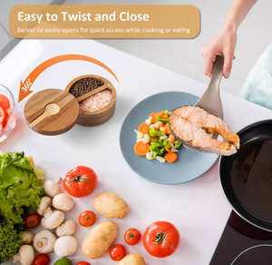 Boîte à sel en bois d'acacia à 2 compartiments multifonctionnelle et écologique de haute qualité avec couvercle et cuillère allant au lave-vaisselle fait à la main - Product Image 2