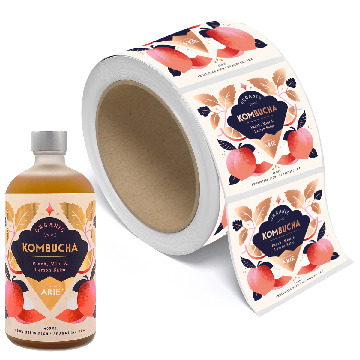 Custom Premium Kombucha Label Bottle Sparkling Tea Beverage Gold Foil Stamping Glossy Printing Adhesive Sticker Packaging Labels