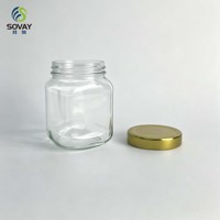 Frasco de Vidrio Cuadrado Transparente de 10.5 cm de Alto y 6.9 cm de Diámetro, 350 ml, Apto para Alimentos, para Miel, Gelatina, Nueces y Alimentos Enlatados