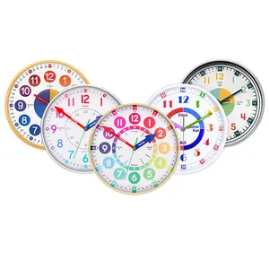Orologio di apprendimento colorato per bambini che studiano l'orologio didattico per bambini in plastica imita la cornice in legno orologio da parete con educazione silenziosa da 12 pollici