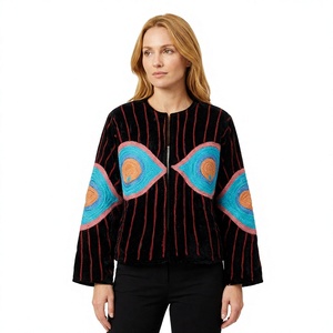 Velvet Embroidered Quilted Jacket Women's Boxy Fit Lantern Sleeve Floral O-Neck <b>Covered</b> <b>Button</b> Closure Eco-Friendly Quick Dry - Product Image 1
