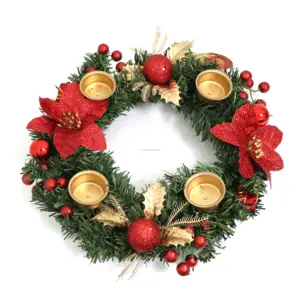 Hot Selling 28cm PVC Christmas Candle Holder Wreath Candlestick Ornament With Berry Red Poinsettia Table Decor Candle Holder