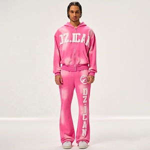 Ensemble de survêtement streetwear empilé, broderie personnalisée, pantalon de survêtement à jambes larges et sweat-shirt à capuche, fermeture éclair, survêtement surdimensionné délavé à l'acide pour hommes - Product Image 1