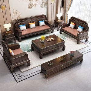 Chinese Style Wood Carved <b>Sofa</b> <b>Set</b> Living Room Furniture With Removable Cushions For Small Apartment - Product Image 1