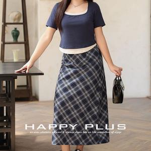 Jupe midi Happy Plus à carreaux bleus, taille naturelle, en coton, grande taille, pour femme, avec fente arrière, style preppy - Product Image 1