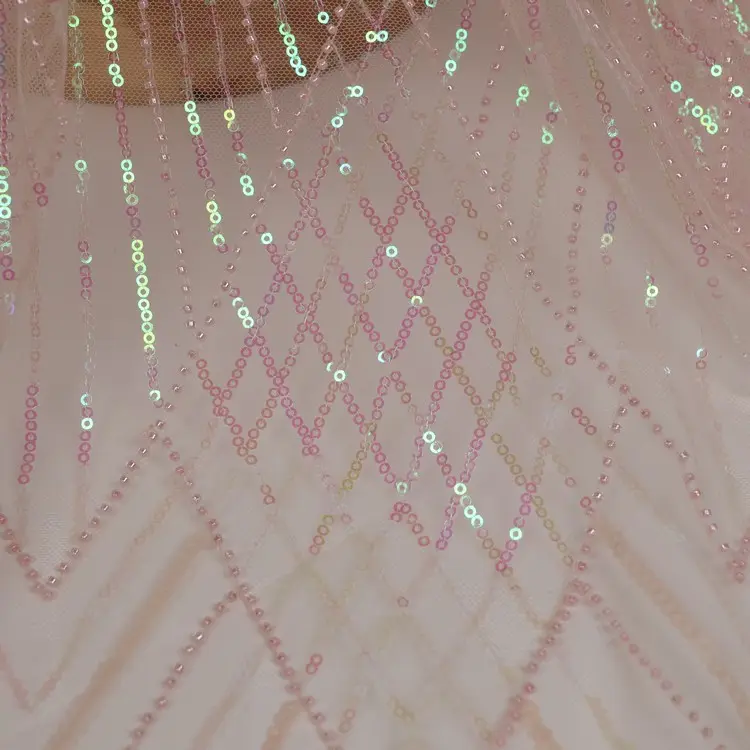 Luxury Crystal Pink Embroidery Sequin Seam Beaded Tulle Fabrics Lace Applique For Bride Wedding Dress