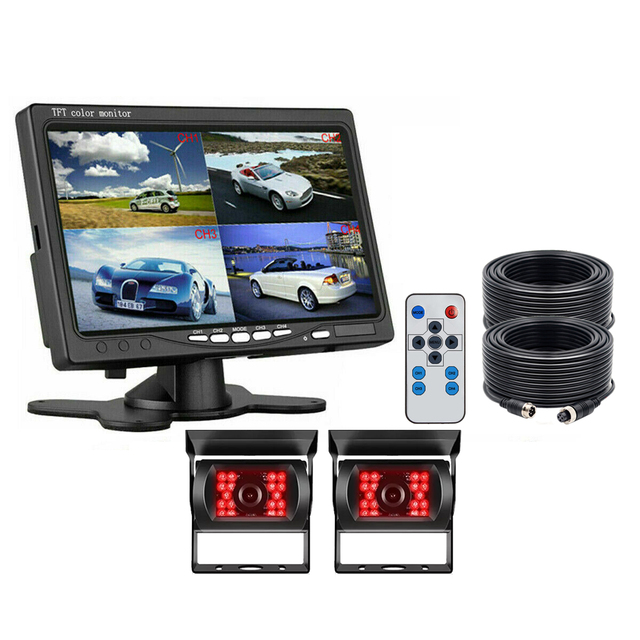 7 Inch TFT LCD Screen Quad Monitor Split Screen 4ch 4PIN Video in 2x 4PIN Rear View Backup Cameras 12v 24v for Truck Rv Trailer