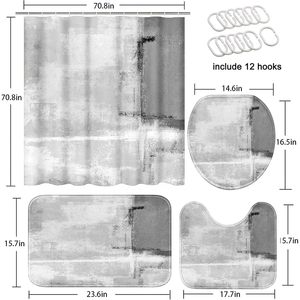 4 Pcs Grey Abstract Painting Bathroom <b>Set</b> Non-Slip <b>Shower</b> Curtain Toilet Lid Cover & Bath Mat in <b>Black</b> & White Ready to Ship - Product Image 3