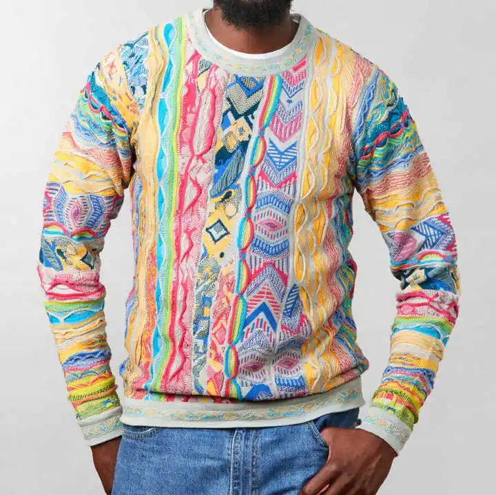 wholesale custom 100% mercerized cotton knit crew neck designer trendy vintage colorful classic coogis sweater men