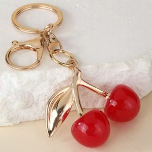<b>Cute</b> Cherry Shape Keychain With Gold Plated Metal And Red Plastic Fruit Design For Women And Girls Accessory - Product Image 2