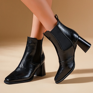 Bottines Chelsea pour femmes, <span class=keywords><strong>bottes</strong></span> à tige épaisse, style rétro français, bout carré, automne et hiver, <span class=keywords><strong>bottes</strong></span> à talons hauts à la cheville - Product Image 1