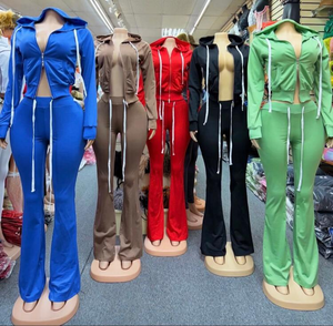 Özel Logo uzun boylu kız dostu eşofman triko Zip Hoodie ceket ve alevlendi pantolon seti Yoga setleri 2 parça Lougwear kadınlar Set - Product Image 3