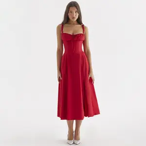 新款时尚a线休闲连衣裙定制碎花印花红色分体女孩派对紧身胸衣背心女装