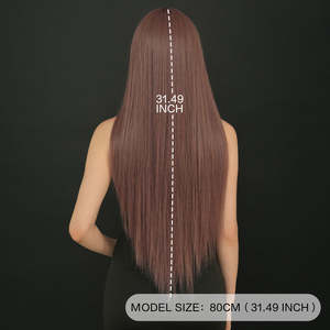 Prix de gros : Perruque synthétique de 32 pouces, <span class=keywords><strong>cheveux</strong></span> longs et raides sans <span class=keywords><strong>frange</strong></span>, perruque marron violet à raie centrale - Product Image 2