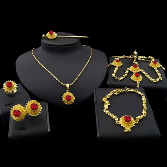 Ethiopian Traditional Bridal Jewelry Sets 24k Gold Plated Chain Red Stones Classic Fashion Jewellery Women Costume accessories