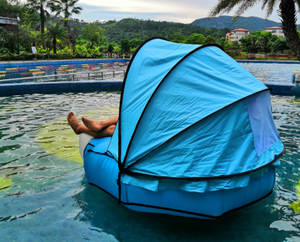 ที่นอนเป่าลมลอยน้ำพร้อมหลังคาบังแดดทรงวงรี ที่นอนน้ำ PVC สำหรับสระว่ายน้ำ ความยาว 105-136 นิ้ว - Product Image 1