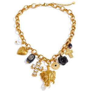 JINYOU 5362 Collar de Moda con Colgante de Elefante en Acero Inoxidable Chapado en Oro, Perlas, Flor de Resina y Cruz de Metal Acrílico - Product Image 1