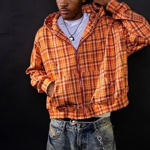 <span class=keywords><strong>Felpa</strong></span> con Cappuccio e Zip da Uomo con Logo Personalizzato, Motivo a Quadri <span class=keywords><strong>Arancione</strong></span> e Marrone, <span class=keywords><strong>Oversize</strong></span>, Casual, Streetwear, per Uso Quotidiano - Product Image 1